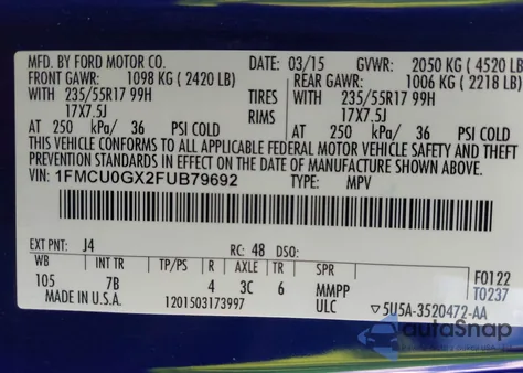 2015 Ford Escape Se из США, поврежденный, VIN 1FMCU0GX2FUB79692